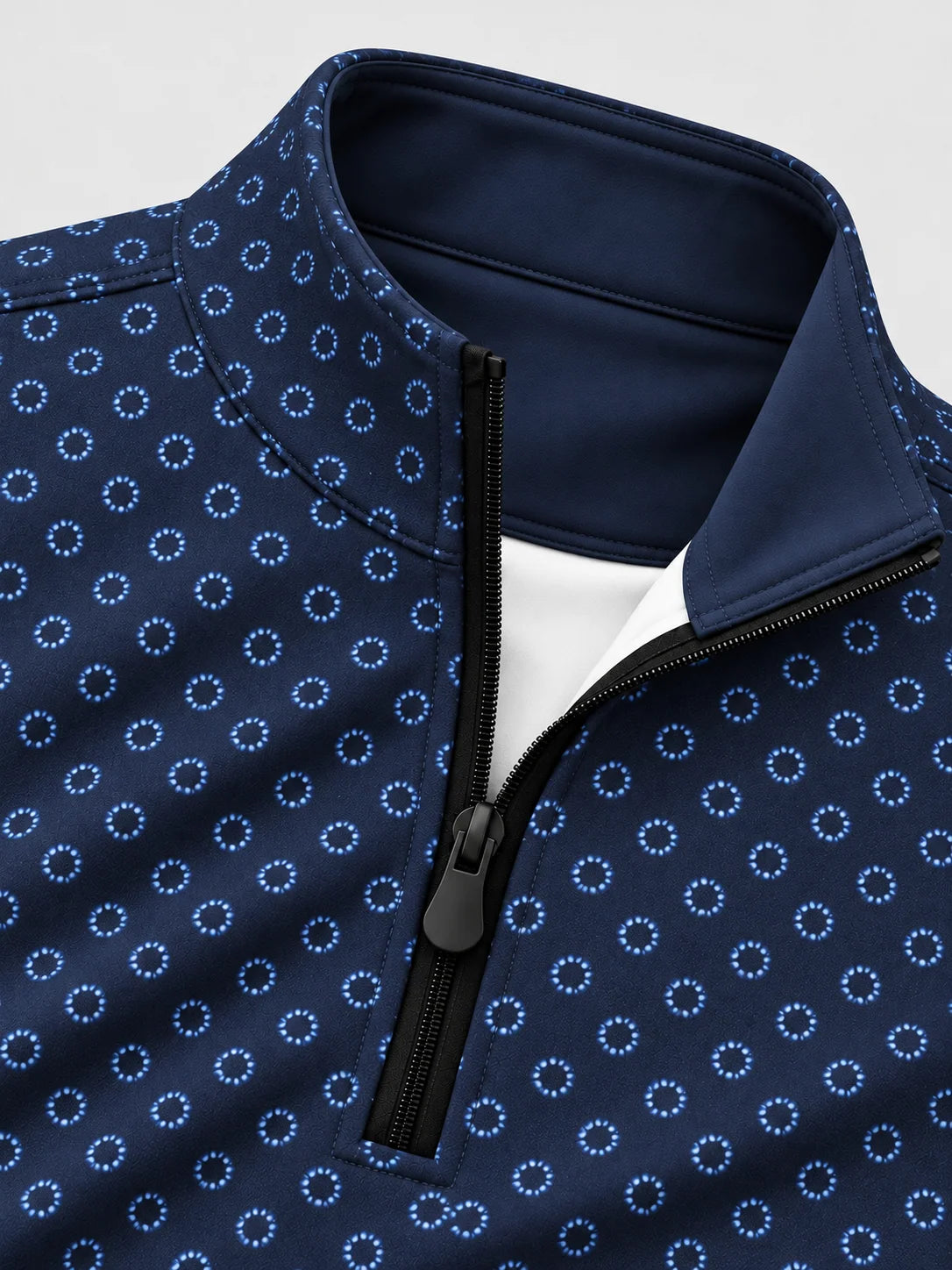 Navyblauer Performance-Pullover mit gepunktetem Kreismuster und kurzem Reißverschluss