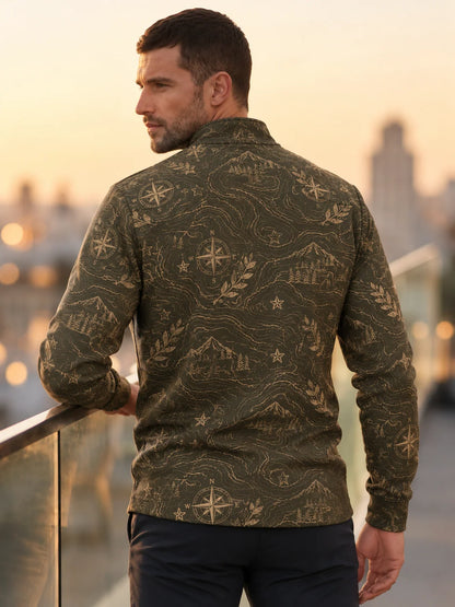 Golf-Pullover aus Funktionsmaterial in Olivgrün mit Vintage-Kompass- und Kartenmotiv sowie Viertelreißverschluss