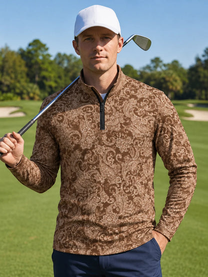 Mokkabrauner Performance-Quarter-Zip-Pullover mit Heritage-Paisley-Muster