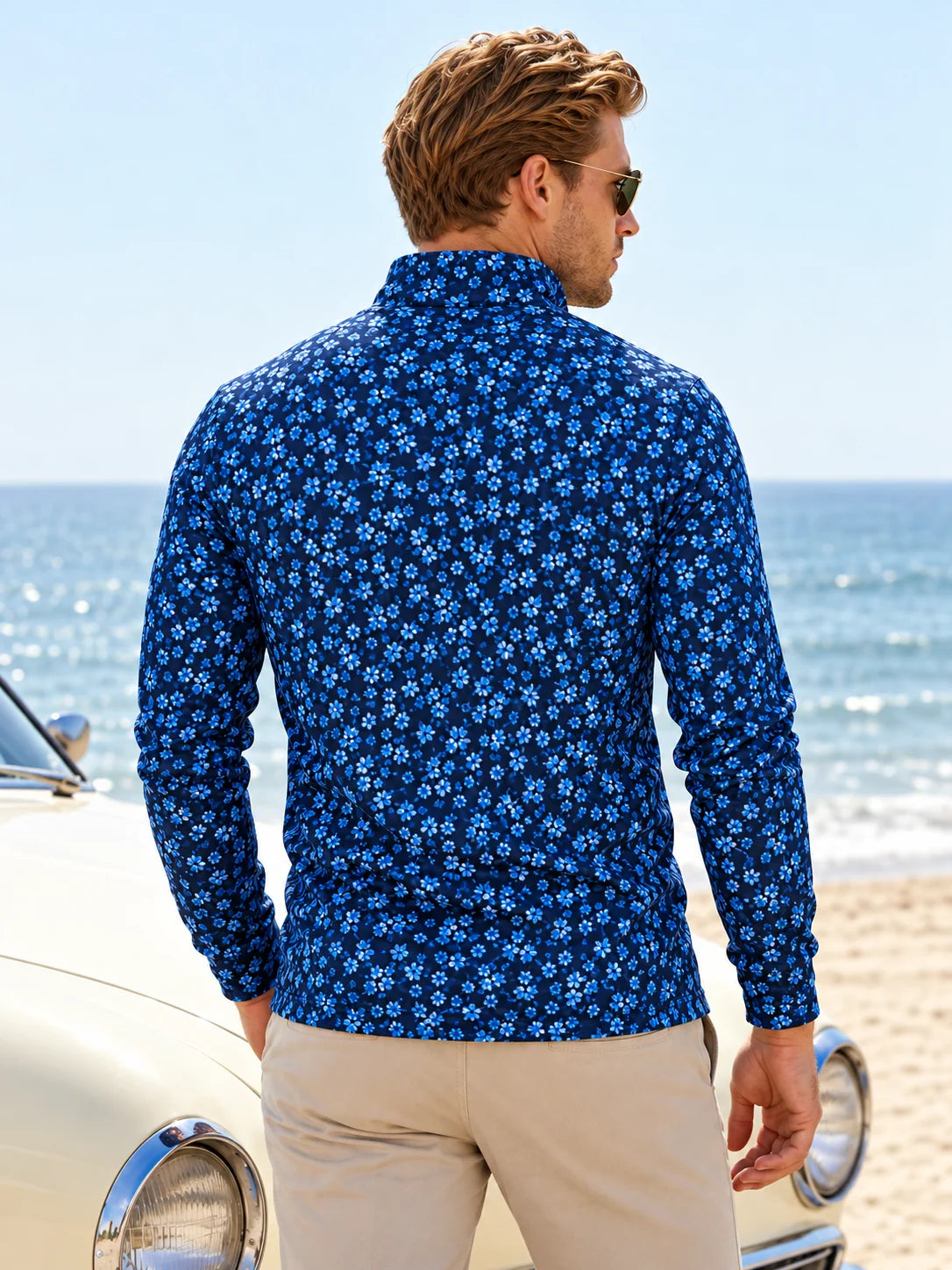 Performance-Pullover in Marineblau mit Blumenmuster und Viertelreißverschluss