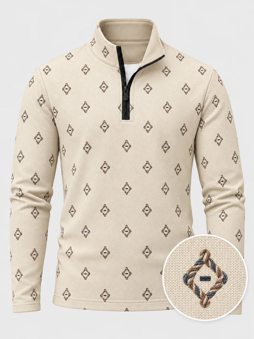 Performance Quarter-Zip-Pullover mit Rautenmuster in Elfenbeinweiß
