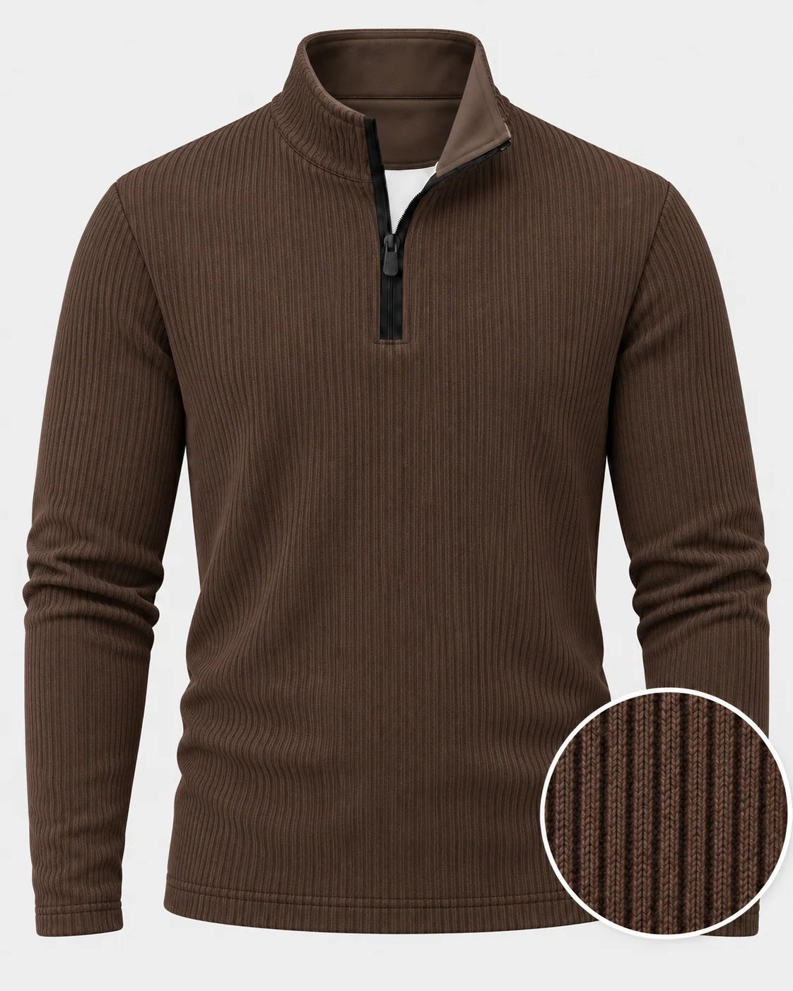 Golfpullover mit Rippstruktur in Schokoladenbraun, Funktionsmaterial und Viertelreißverschluss