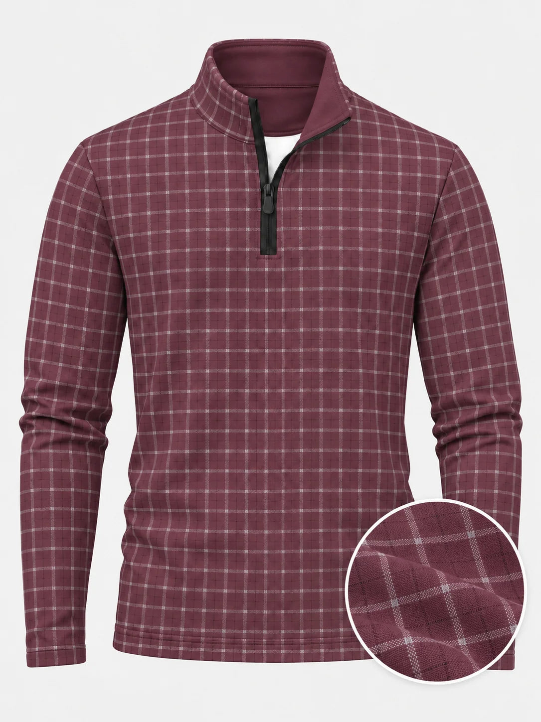 Golf-Pullover aus Funktionsmaterial in Altrosa mit feinem Karomuster und Viertelreißverschluss
