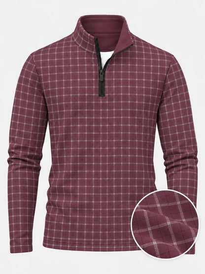 Golf-Pullover aus Funktionsmaterial in Altrosa mit feinem Karomuster und Viertelreißverschluss