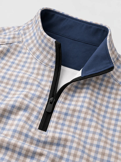 Blau-Beiger Karo-Golfpullover aus Funktionsmaterial mit kurzem Reißverschluss