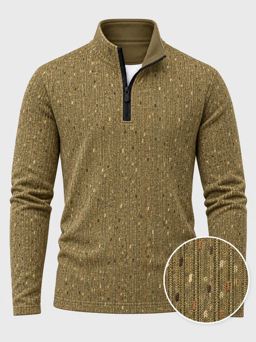 Golf-Pullover mit Viertelreißverschluss und Donegal-Tweed-Muster in Olivgrün und Gold