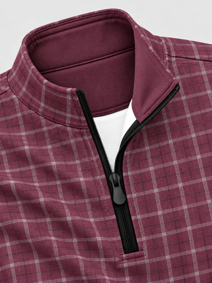 Golf-Pullover aus Funktionsmaterial in Altrosa mit feinem Karomuster und Viertelreißverschluss
