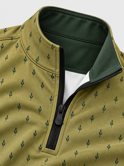 Performance-Golfpullover in Olivgrün mit goldenem Blätterrankenmuster und Viertelreißverschluss