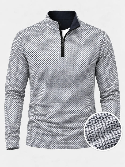 Performance-Golfpullover mit schwarz-weißem geometrischem Muster und Viertelreißverschluss