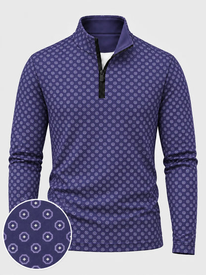 Performance-Pullover in Violett mit Achteckmuster und kurzem Reißverschluss