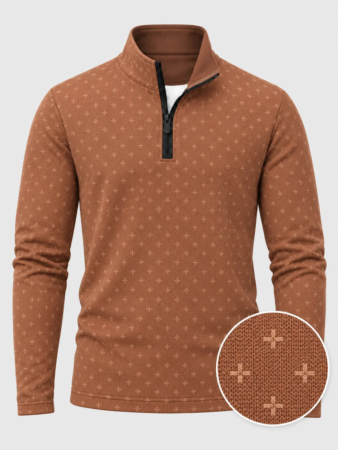 Golfpullover mit Mikro-Kreuzmuster in Terrakotta, Funktionsmaterial und Viertelreißverschluss