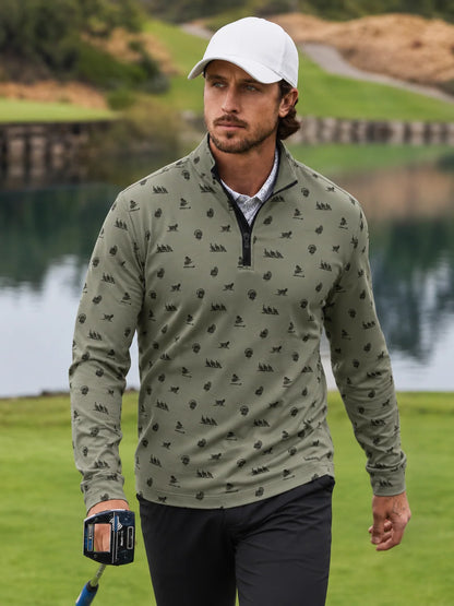 Performance-Golfpullover in Salbeigrün mit Truthahnmuster und Viertelreißverschluss