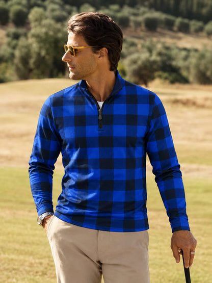 ClubBorne Golf-Pullover mit blauem Büffelkaro und Viertelreißverschluss aus Funktionsmaterial