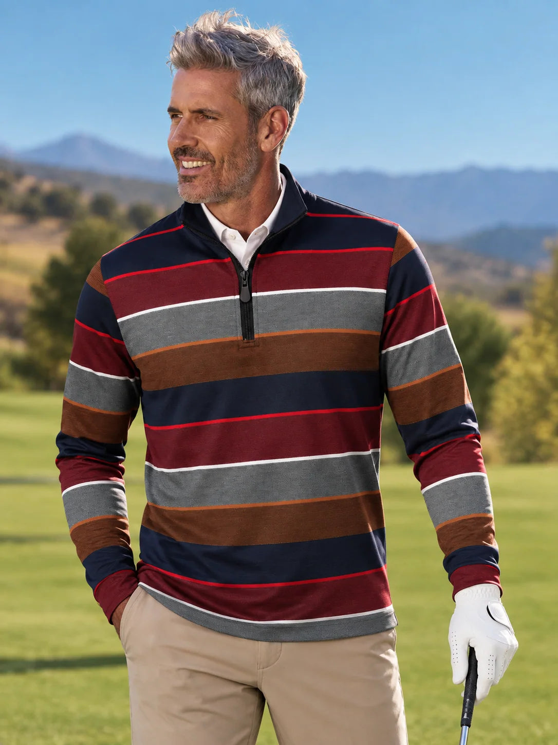 Bordeauxroter Golf-Pullover mit anthrazitfarbenen und kupferfarbenen Color-Blocking-Elementen und Viertelreißverschluss aus Funktionsmaterial
