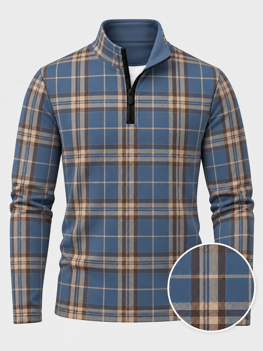 Golf-Pullover in Stahlgrau mit Tartan-Karomuster und kurzem Reißverschluss
