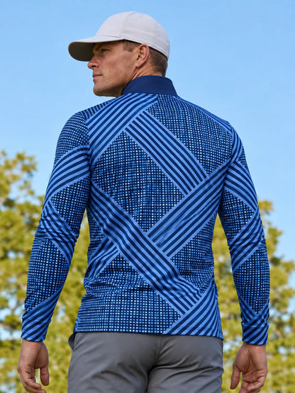 Marineblauer Golf-Pullover mit Gittermuster und diagonalen Streifen, Viertelreißverschluss und Funktionsmaterial