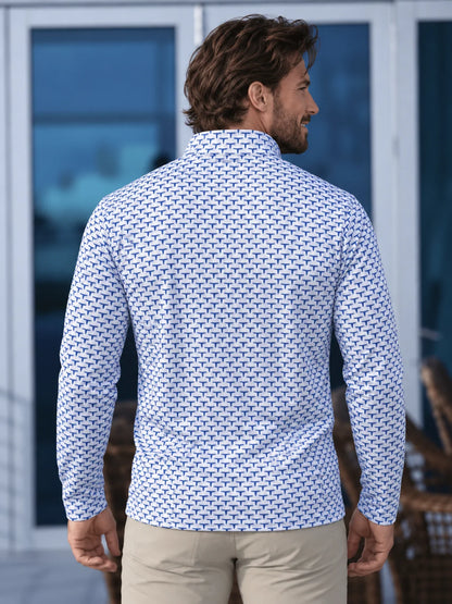 Performance-Pullover in Elfenbein mit dezentem geometrischem Muster und kurzem Reißverschluss