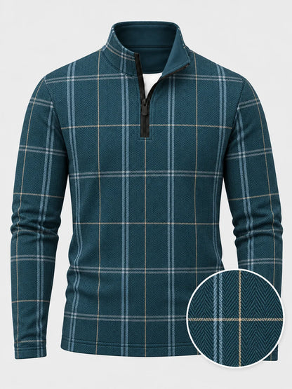 Golf-Pullover mit Viertelreißverschluss und Fischgrätmuster in tiefem Petrolgrün