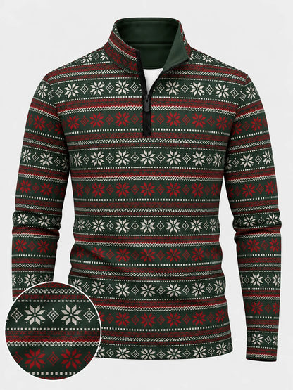 Golfpullover in Waldgrün mit weihnachtlichem Fair-Isle-Muster und Viertelreißverschluss