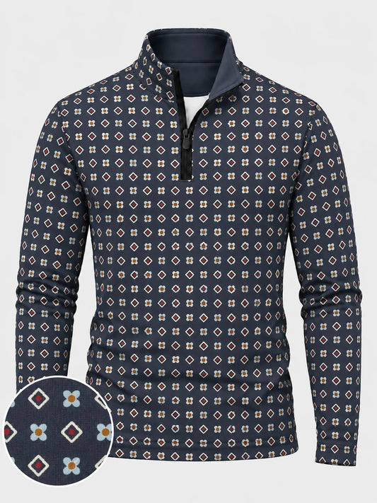 Anthrazitfarbener Performance-Pullover mit Viertelreißverschluss und floralem Rautenmuster
