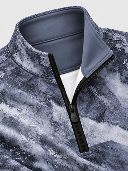 Performance-Pullover in Schieferblau mit Marmormuster und kurzem Reißverschluss