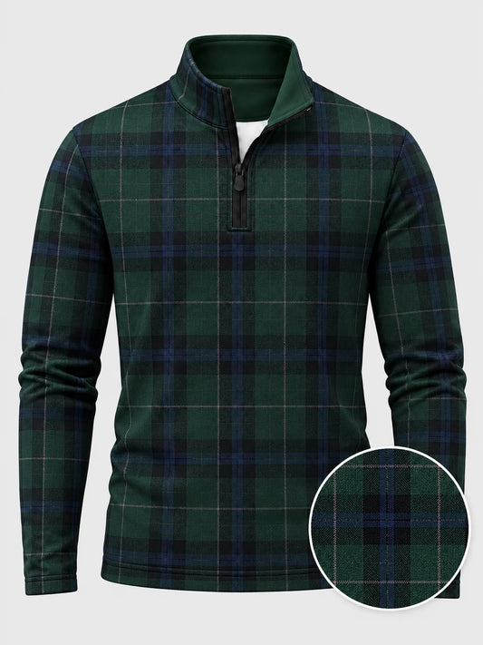 Golf-Pullover mit Viertelreißverschluss und Tartan-Karomuster in Waldgrün