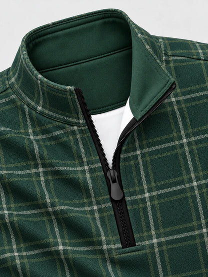 Golf-Pullover aus Funktionsmaterial in Immergrün mit Fensterkaromuster und Viertelreißverschluss