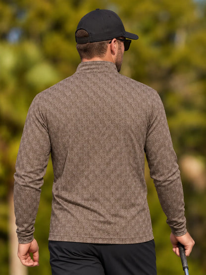 Performance-Golfpullover in Taupebraun mit geometrischem Muster und Viertelreißverschluss