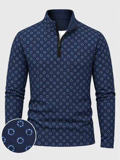Navyblauer Performance-Pullover mit gepunktetem Kreismuster und kurzem Reißverschluss