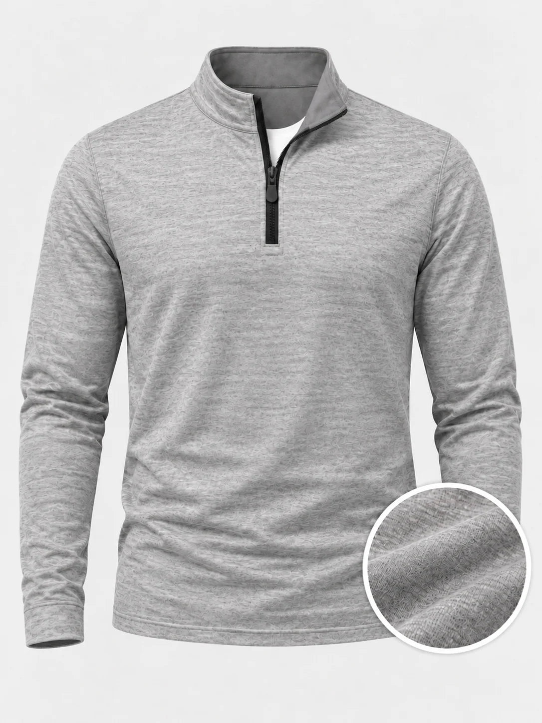 Hellgrauer Golfpullover aus Funktionsmaterial mit strukturierter Oberfläche und kurzem Reißverschluss