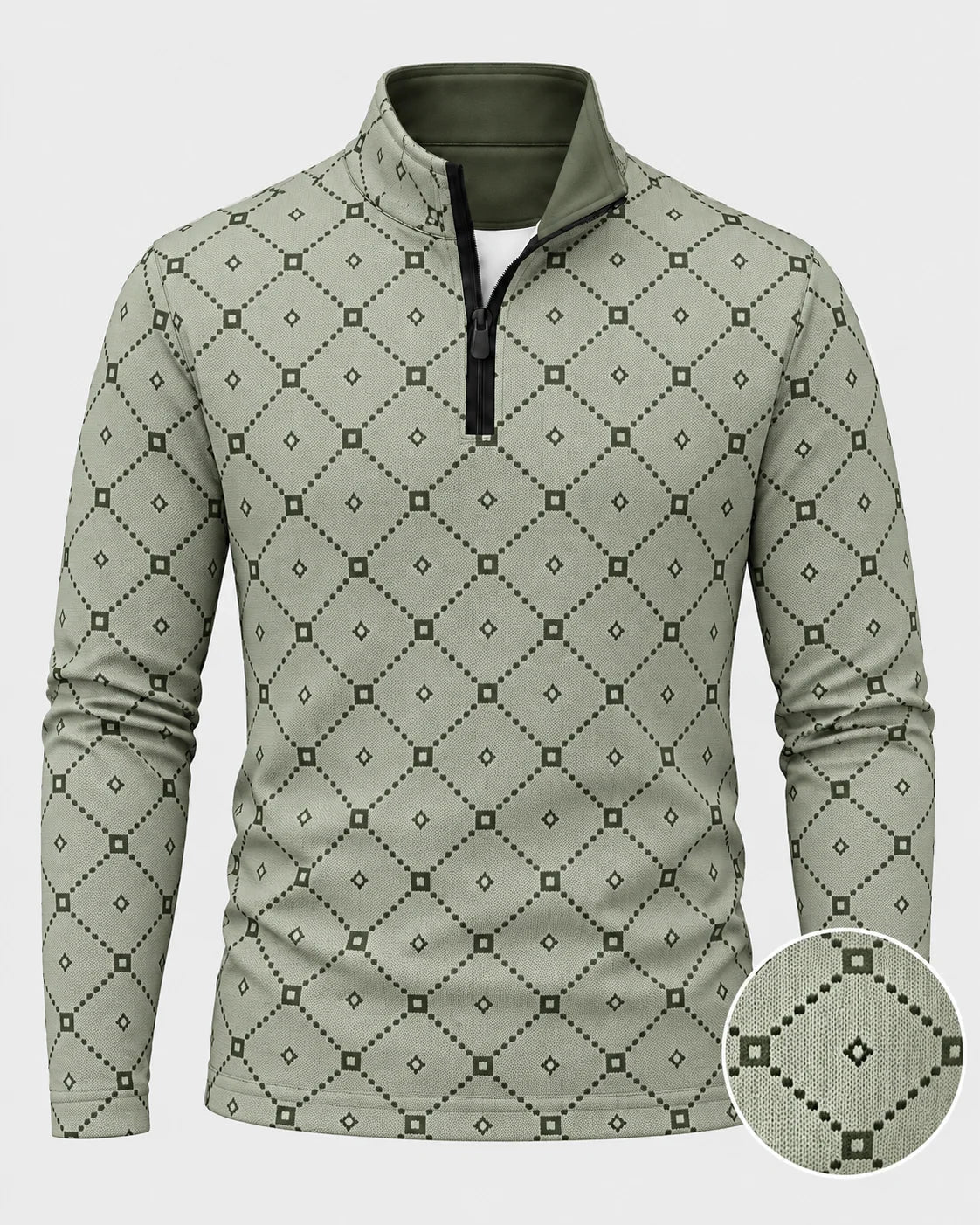 Salbeigrüner Golfpullover aus Funktionsmaterial mit geometrischem Muster und kurzem Reißverschluss