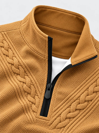 Golf-Pullover mit Viertelreißverschluss und Zopfmuster in Goldbraun- und Kameltönen