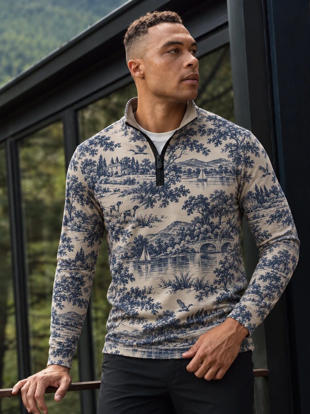 Blau-cremefarbener Golfpullover im Country-Stil mit Viertelreißverschluss