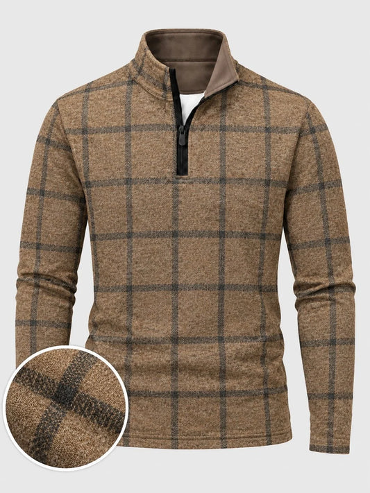 Golf-Pullover aus Funktionsmaterial in Kamelbraun mit Fensterkaromuster und Viertelreißverschluss