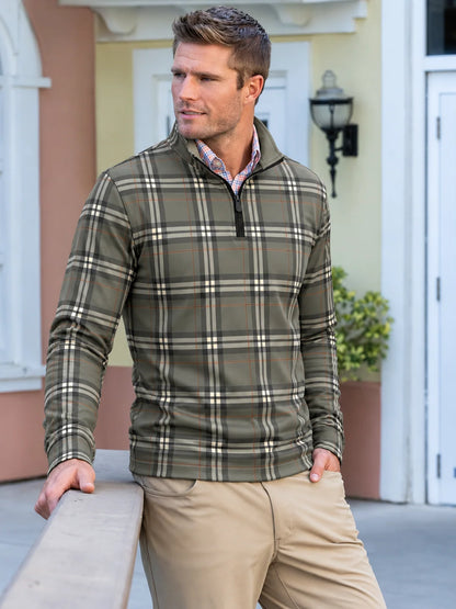 Golf-Pullover in Olivgrün mit Tartan-Karomuster und kurzem Reißverschluss