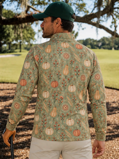 Golf-Pullover mit Viertelreißverschluss in Salbeigrün mit Kürbismotiv