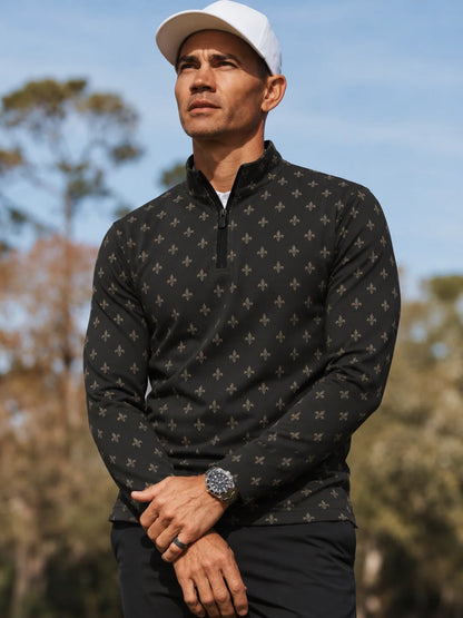 Golfpullover mit Lilienornament-Muster in Obsidianschwarz, Funktionsmaterial und Viertelreißverschluss