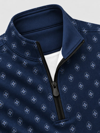Performance-Pullover mit Viertelreißverschluss und Medaillonmuster in Marineblau