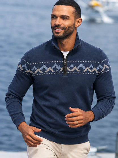 Marineblauer Funktionspullover mit Fair-Isle-Muster und Viertelreißverschluss