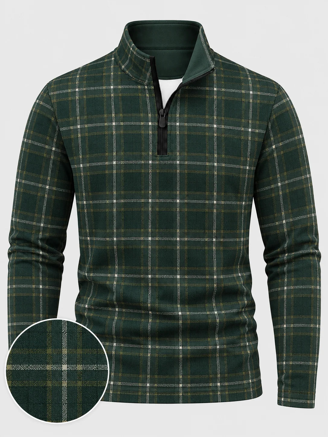 Golf-Pullover aus Funktionsmaterial in Immergrün mit Fensterkaromuster und Viertelreißverschluss