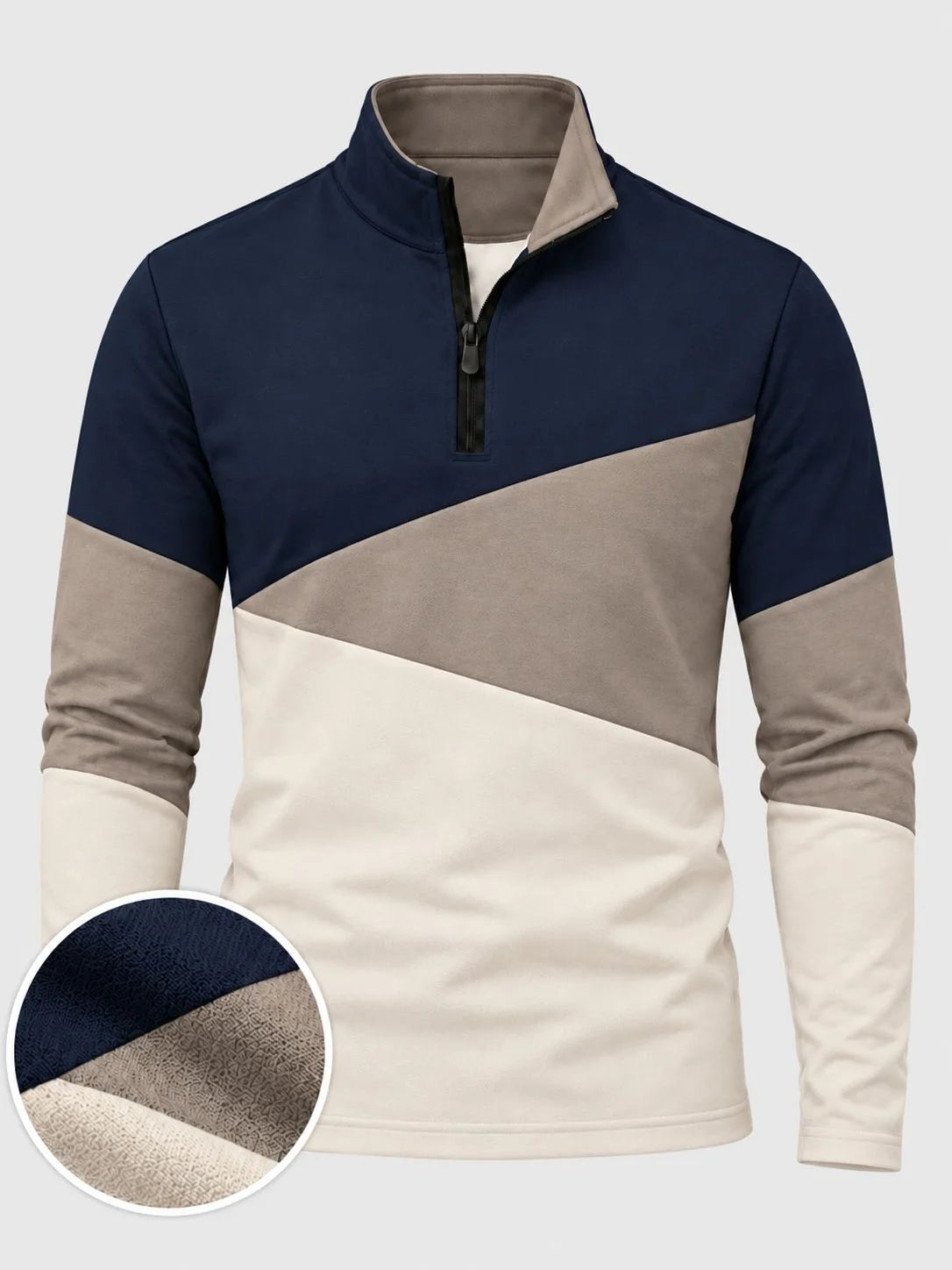 Golfpullover mit Viertelreißverschluss und Colorblock-Design in Marineblau und Taupe, aus Funktionsmaterial