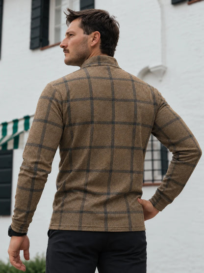 Golf-Pullover aus Funktionsmaterial in Kamelbraun mit Fensterkaromuster und Viertelreißverschluss