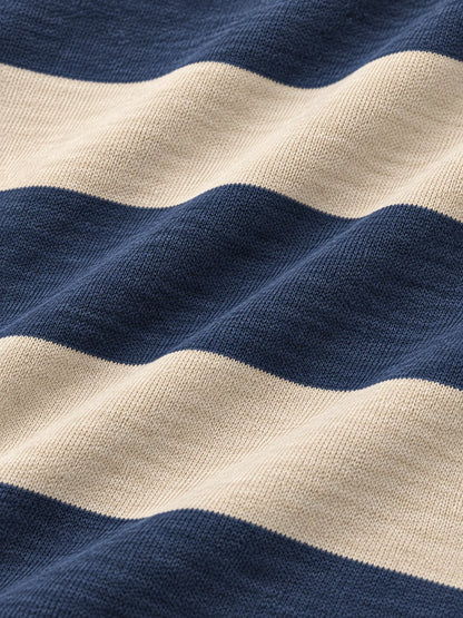 Marineblauer Golf-Pullover mit elfenbeinfarbenen Rugby-Streifen und Viertelreißverschluss aus Funktionsmaterial