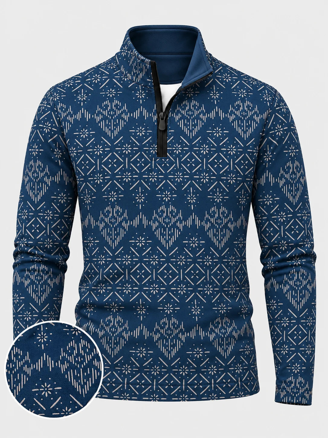 Dunkelblauer Performance-Pullover mit geometrischem Muster und kurzem Reißverschluss