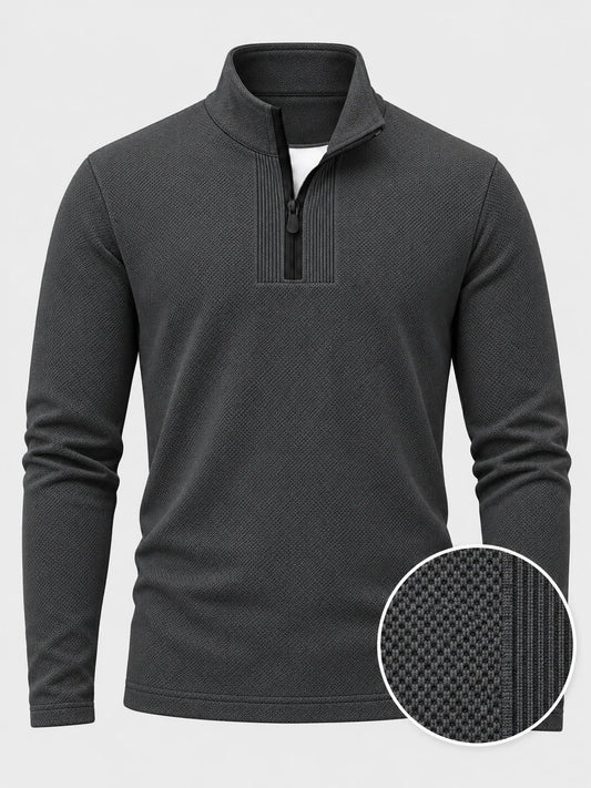 Golf-Pullover aus Funktionsmaterial in Anthrazitgrau mit feiner Mikrorippstruktur und Viertelreißverschluss