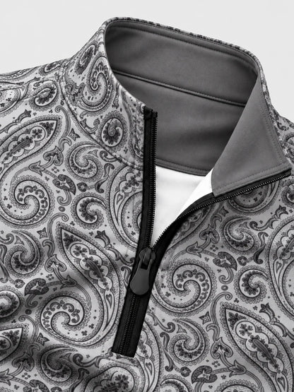 Grauer Performance-Pullover mit Viertelreißverschluss und Paisley-Muster