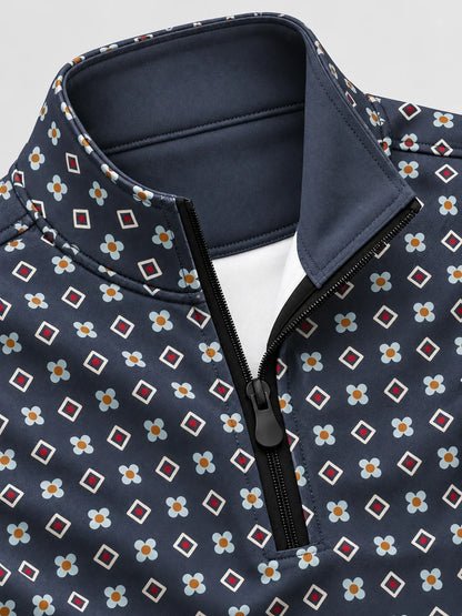 Anthrazitfarbener Performance-Pullover mit Viertelreißverschluss und floralem Rautenmuster