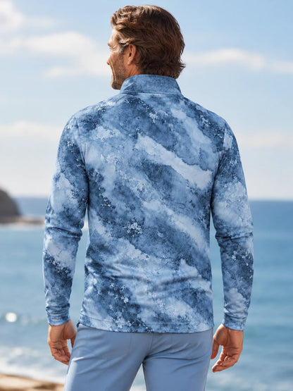 Blauer Performance-Pullover mit Marmormuster und kurzem Reißverschluss