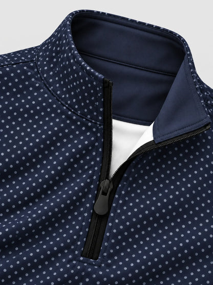 Marineblauer Performance-Pullover mit Viertelreißverschluss und feinem Punktmuster