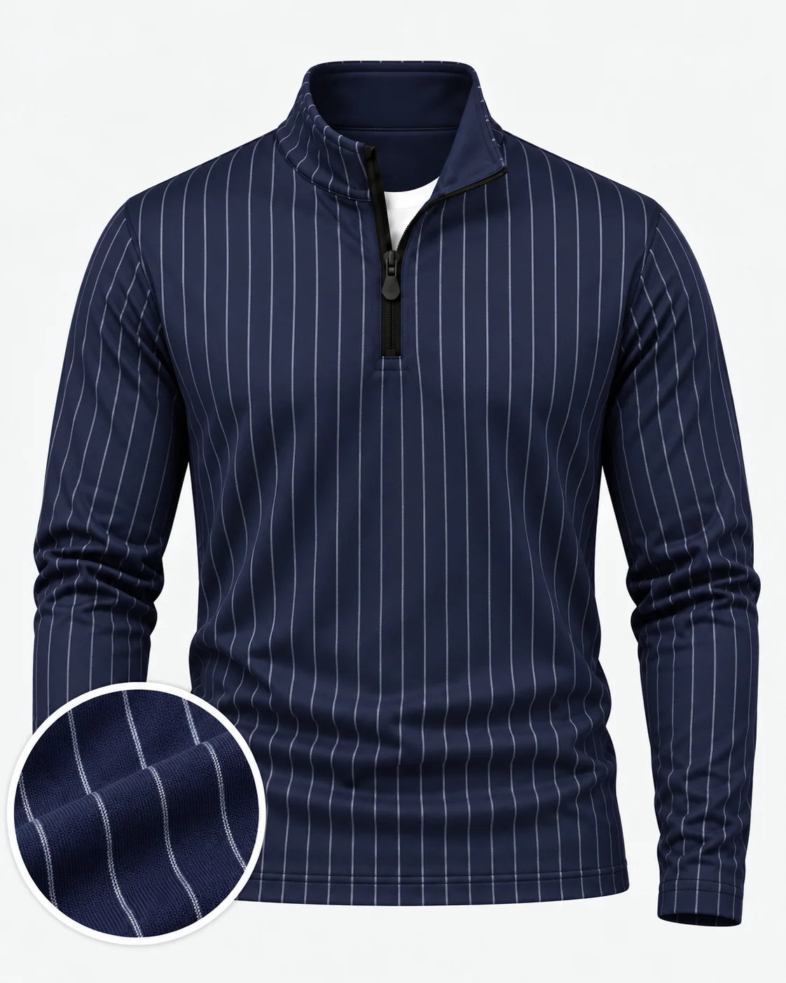 Performance-Golfpullover in Marineblau mit Nadelstreifen und Viertelreißverschluss